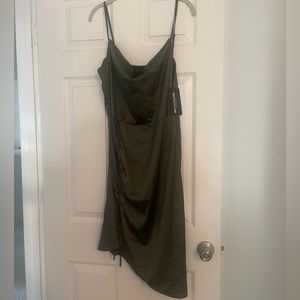 Khaki Satin Strappy Ruched Side Midi Dress